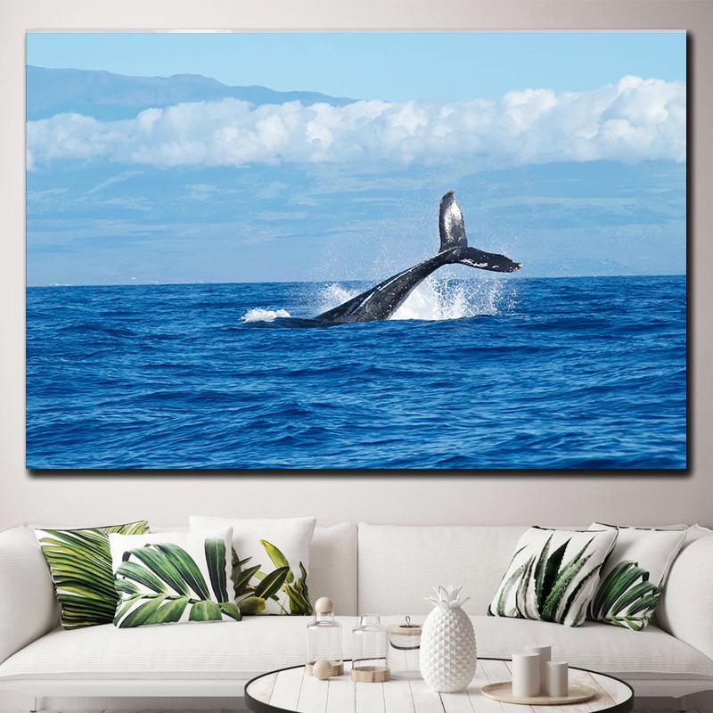 Natural Blue Whale Fish Tail Canvas Painting Wall Art Seascape Animal Killer Whale Posters and Prints for Living Room Home Decor