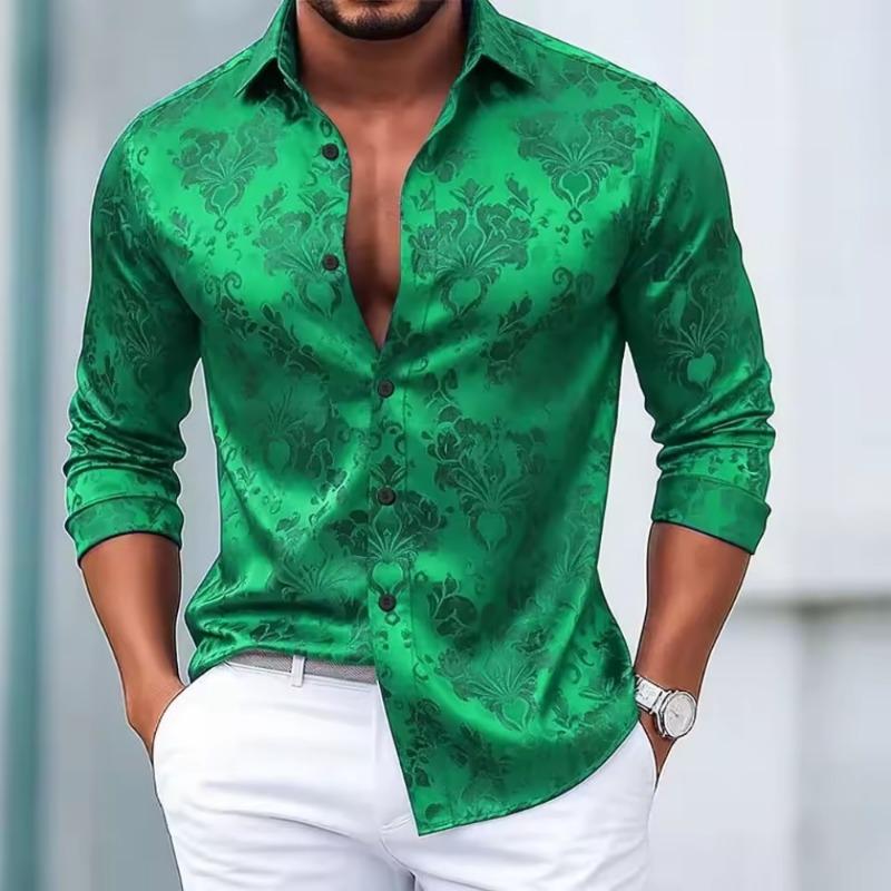 Men's Satin Floral Long Sleeved Shirt with Luxurious Lapel and Button Gloss for Business and Leisure Parties