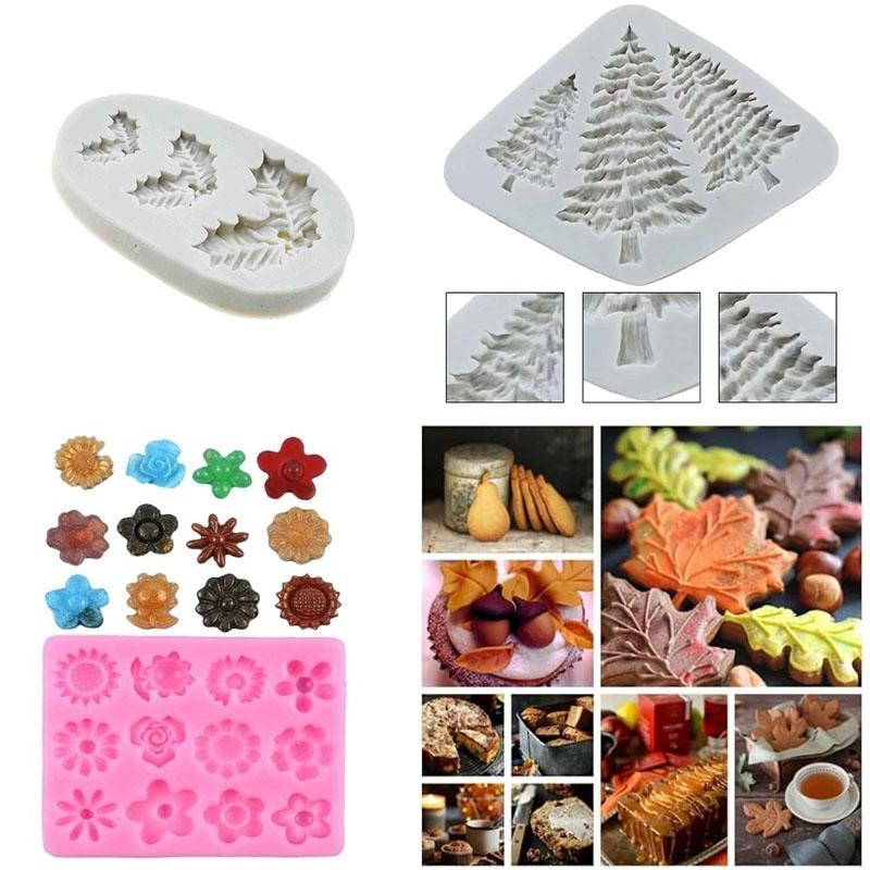 Christmas Tree Silicone Mold Holly Leaf Flower Mold Non-Stick DIY Fondant Baking Tools for Cake Decoration Chocolate Candy
