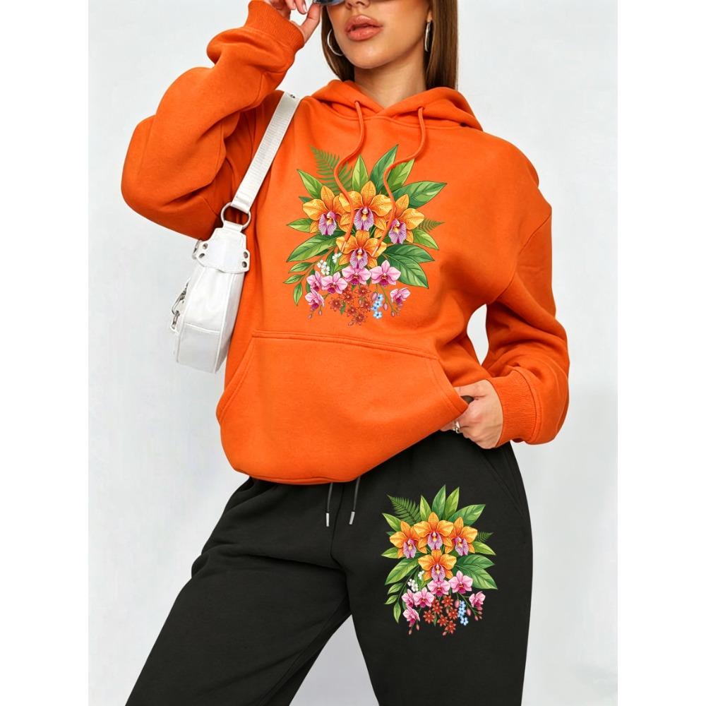 Beautiful Bouquet With Green Leaves Print Y2K Women'S Hoodies Autumn Hoodie Set Casual Jogging