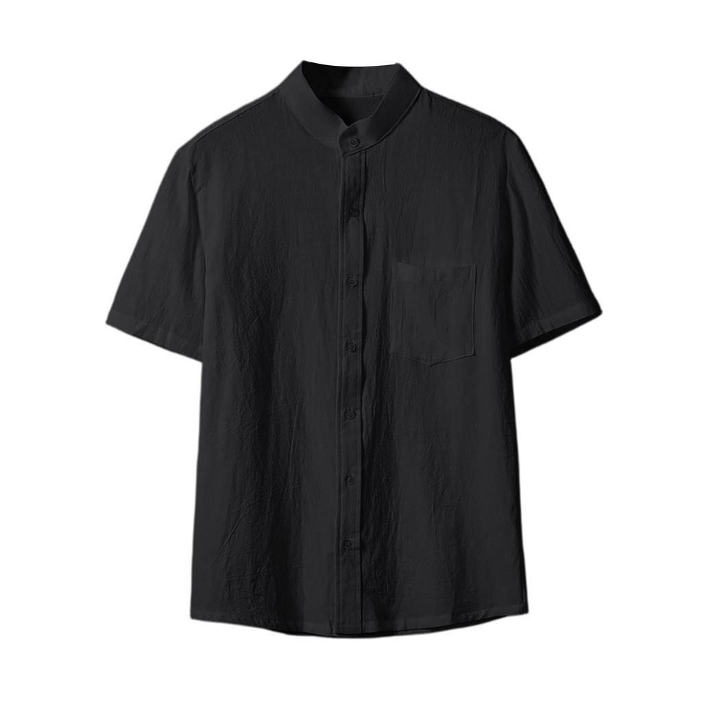 Men's Cotton-Linen Casual Short-Sleeve Shirt - Stand Collar, Pocket, Color, Button - Down, Breathable