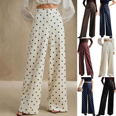 Women's High Waist Wide Leg Pants with Polka Dot Pattern and Button Detail In Multiple Colors
