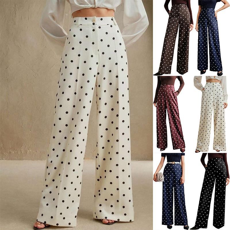 Women's High Waist Wide Leg Pants with Polka Dot Pattern and Button Detail in Multiple Colors
