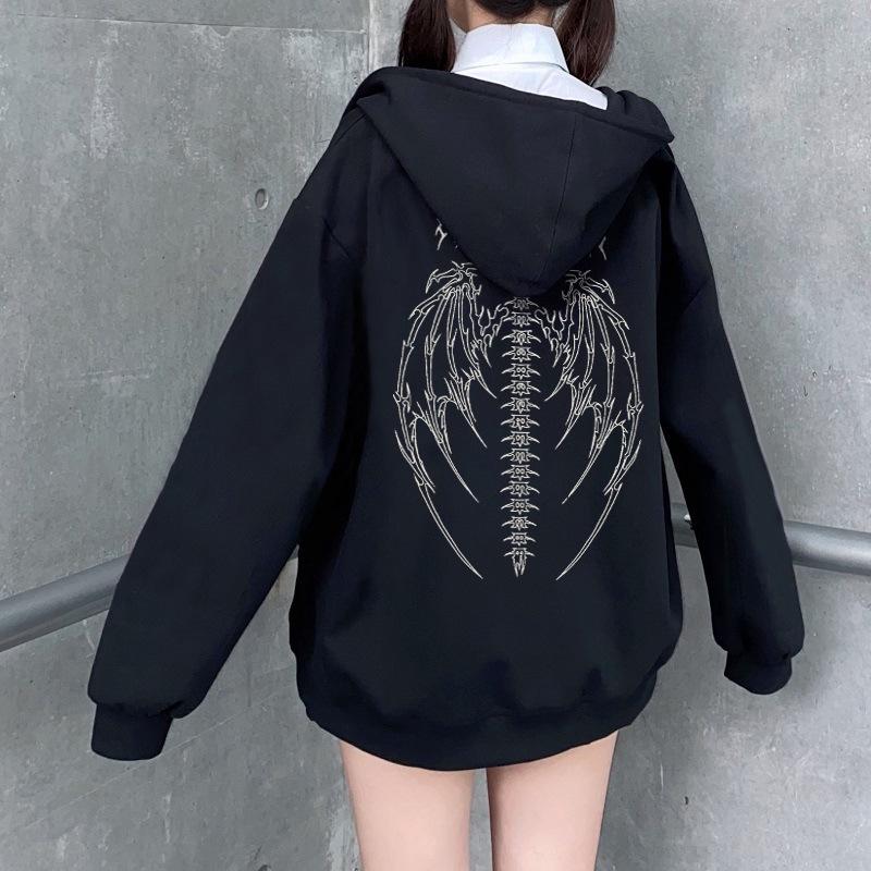 Harajuku Y2K Teufelsflügel Hoodie Jacke in Schwarz – Unisex Herbststil mit Reißverschluss und Kapuze