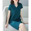 Peacock Blue Short-sleeved Dress for Women Spring Summer Mid-length Loose V-neck Skirt