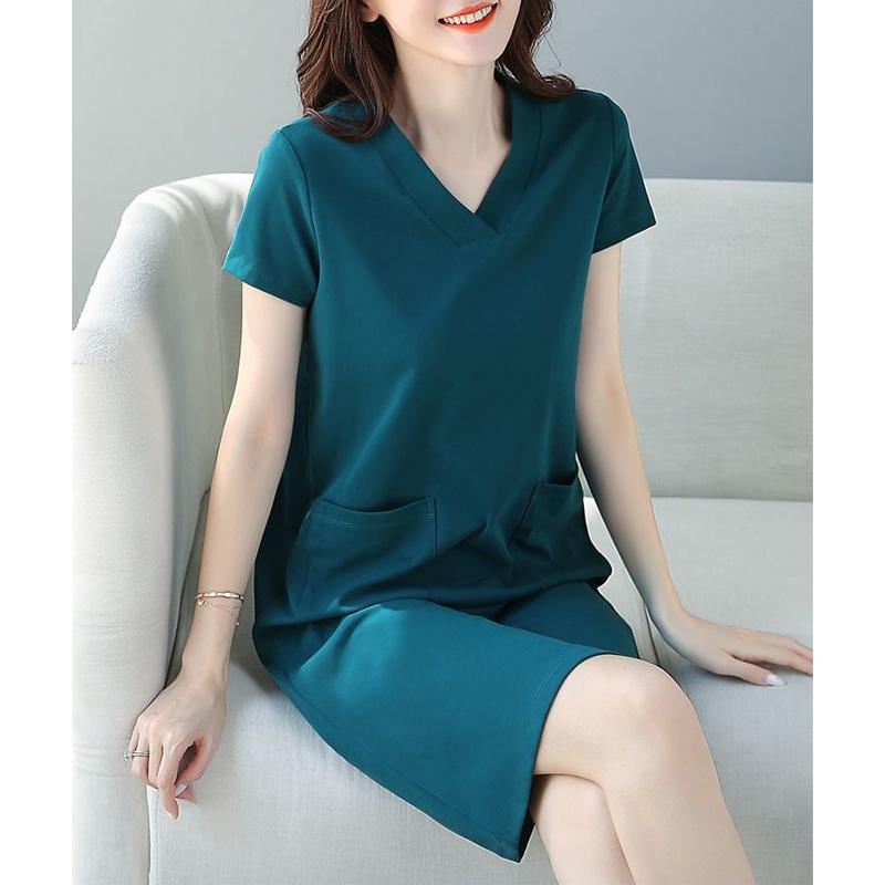 Peacock Blue Short-sleeved Dress for Women Spring Summer Mid-length Loose V-neck Skirt