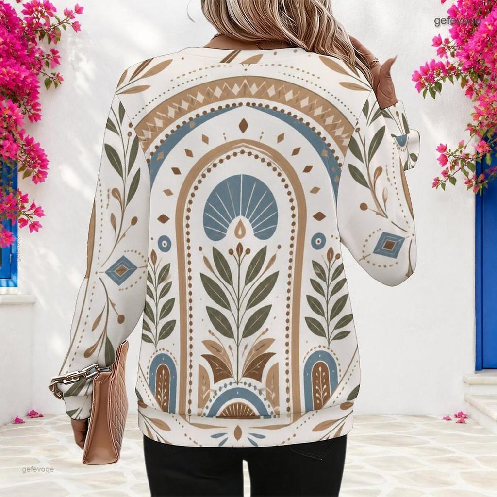Women Plus Size Round Neck Long Sleeve Boho Printed Pullover Sweatshirt