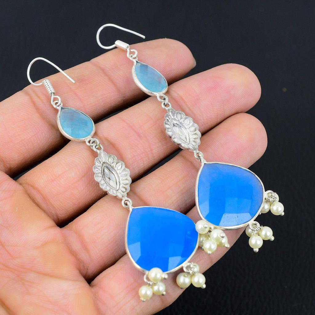 Sterlingsilber Birne Blauer Saphir Edelstein Schwester Hänger Boho Ohrringe Schmuck