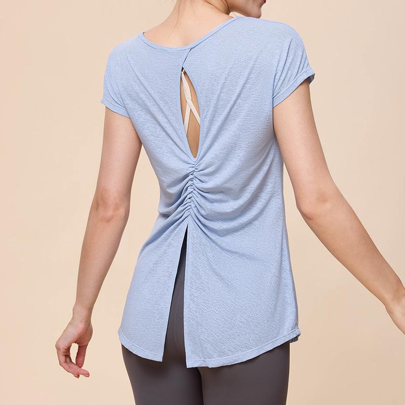 

Женская летняя спортивная футболка для йоги - С коротким рукавом, С вырезом на спине, Закрывающая бедра, Дышащий топ для бега Large