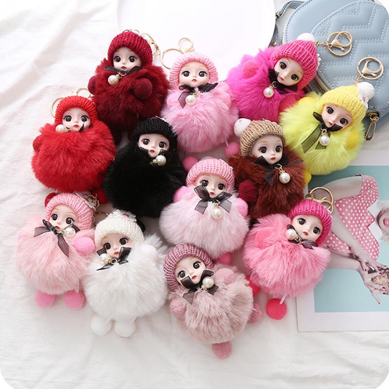Cute Plush Keychain Imitation Rex Rabbit Fur Ball Keyring Big Eye Doll Pendant  Car Bag Charm