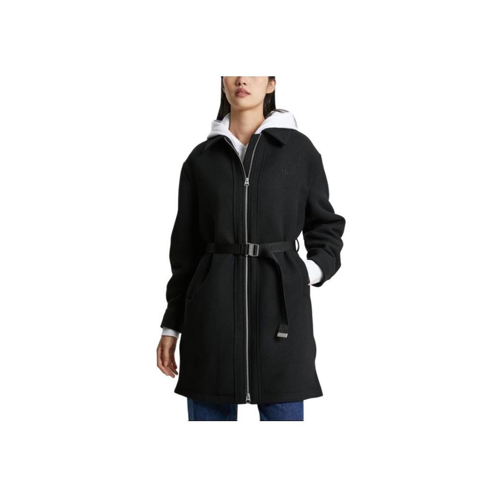 Calvin Klein Solid Color Lapel Zipper Long Sleeve Coat Women Coats Black J222318-BEH