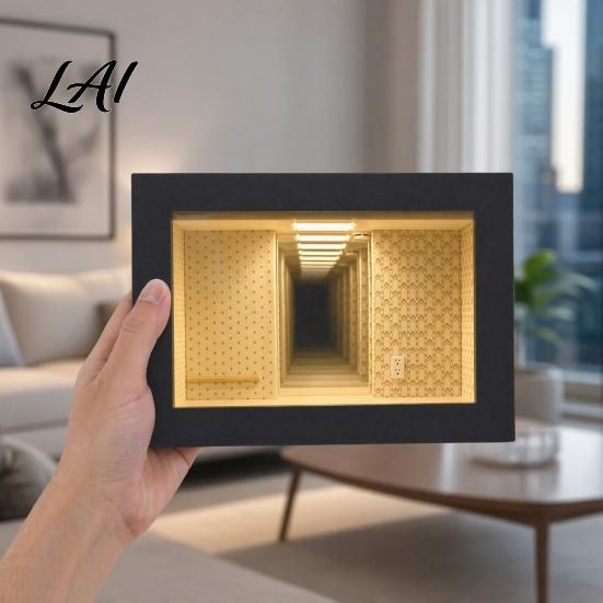 Shop Window Photo Display Wooden Backrooms Style Night Light Infinite Mirror Effect Tabletop Lamp Matte Black Tunnel Vision Decor Dustproof Ambient