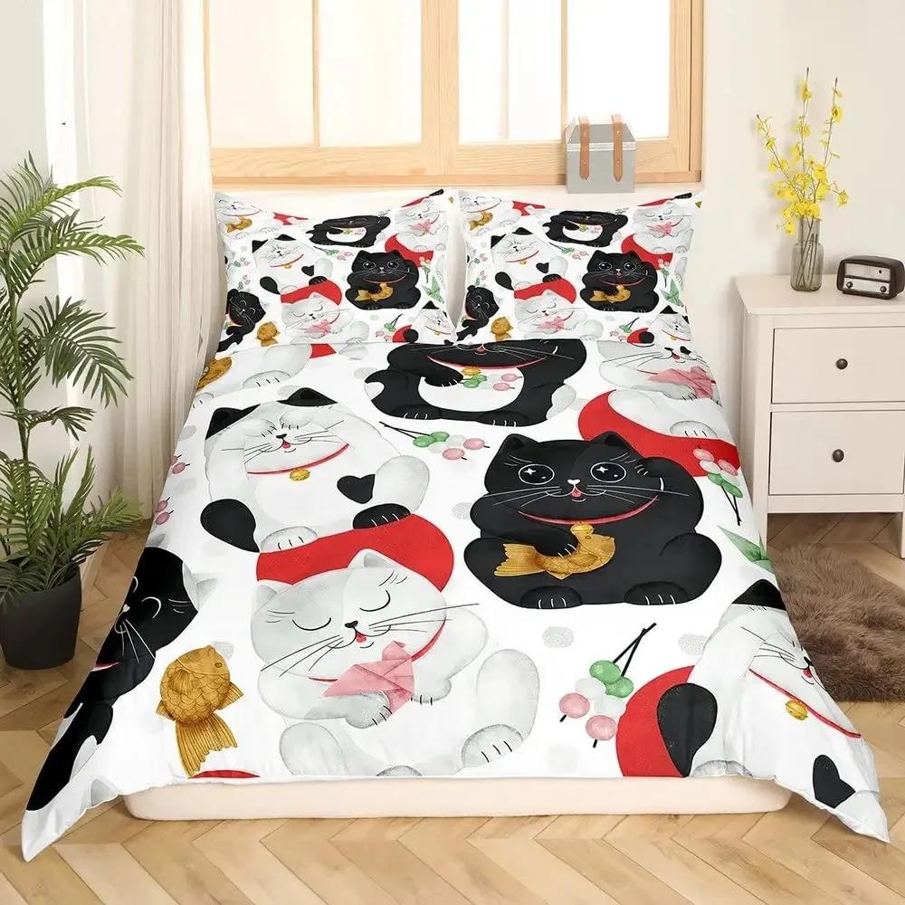 Maneki Duvet Cover Set,Japanese Lucky Cat Duvet Cover Neko Gold Coin Japanese Style Cute Bedding Set Cat Comforter Cover