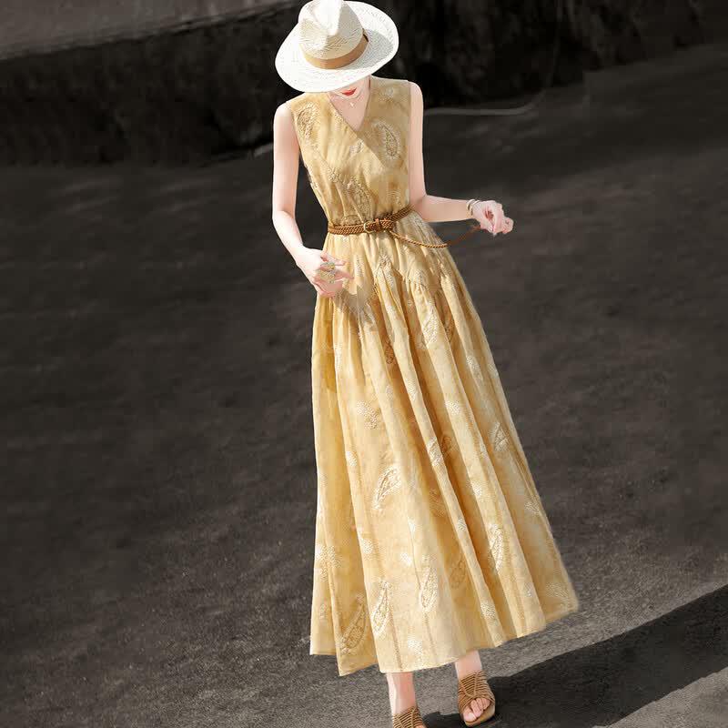 Elegant Embroidered Linen Blend V-Neck A-Line Dress 2XL жёлтый