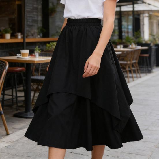 Damen Midi Rock Elastischer Hoher Bund Doppellagig Unregelmäßiger Saum Halloween Rock Einfarbige A-Linie Schlankmachendes Design Freizeit