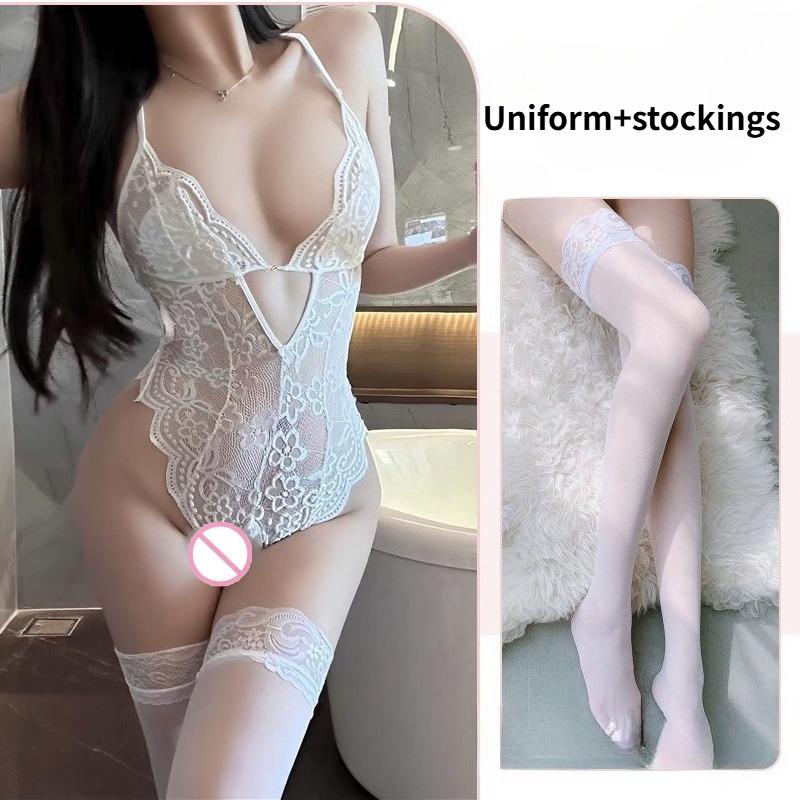 Pornographic Lingerie Sexy Suspender Lace Seduction Bow Hollow Open Cut Jumpsuit for Women Hot Perspective No Take Off Set