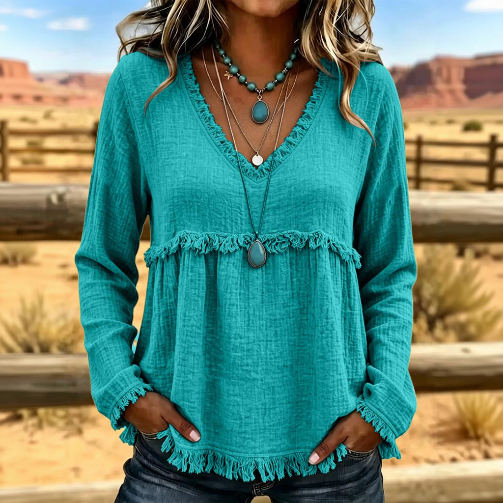Women's V-Neck Long Sleeve Cotton Linen Casual Color Top