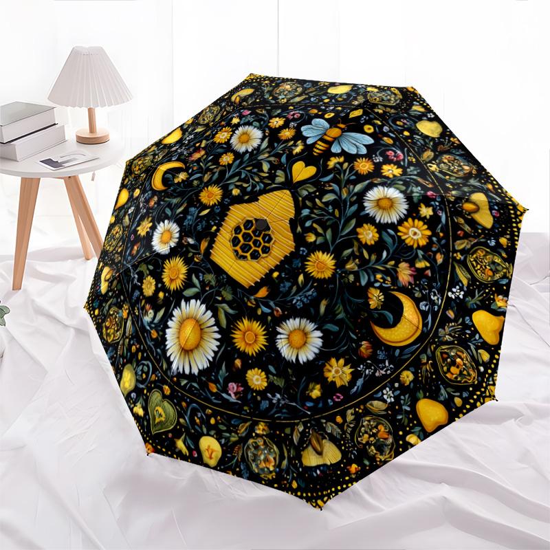 Bee Flower  Pattern, Automatic Folding Umbrella, Portable and Foldable Design, 8 Ribs, a Christmas or Birthday Gift.