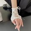 Women Retro Fingerless Gloves Gothic Lace Arm Sleeves with Straps Ruffled Lace-up Wrist Cuffs for Cosplay Prom Daily Wear