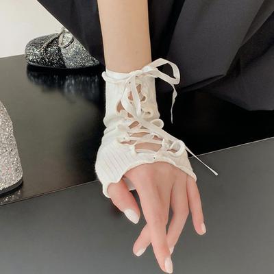 Dames Retro Vingerloze Handschoenen Gotische Kant Armmouwen met Bandjes Gerimpelde Vetersluiting Polsmanchetten voor Cosplay Gala Dagelijks Gebruik