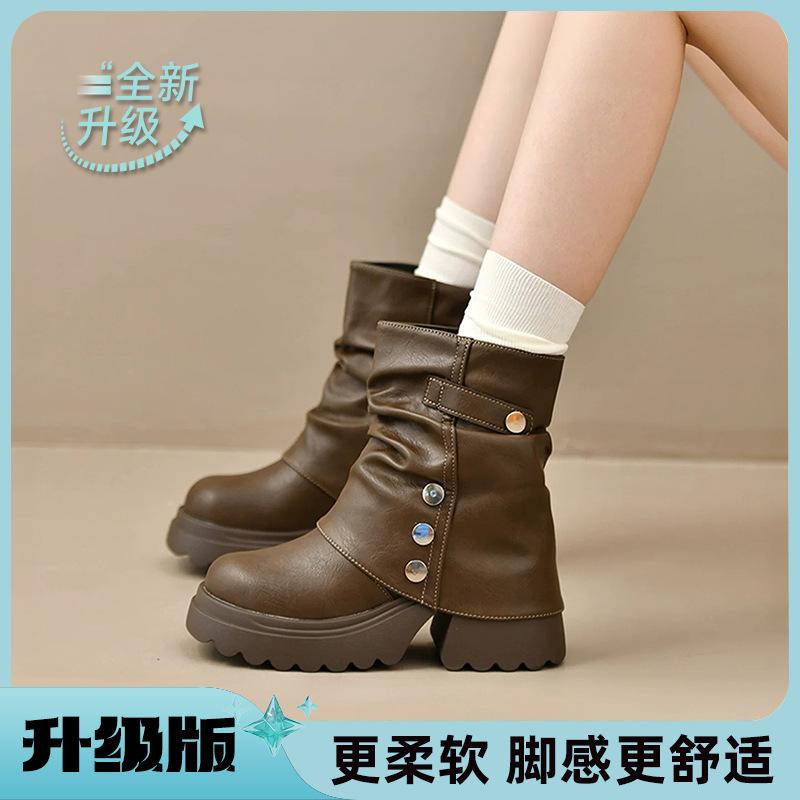 Thick-soled Heightening Martin Boots Women's Single Boots Autumn New Popular Stacking Boots Maillard Pant Boots Knight Boots