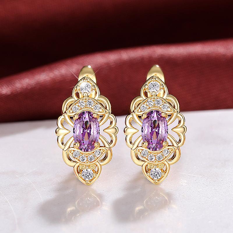 Huitan Aesthetic Women's Hoop Earrings Hollow Pattern Oval Purple CZ Elegant Female Earrings Anniversary Party Trendy Jewelry