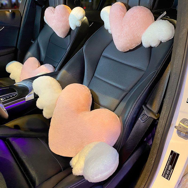 Cute Pink Heart Angel Wing Car Neck Pillow Lumbar Pillow Soft Plush Comfortable Car Seat Cushion Car Seats Interior Decoration