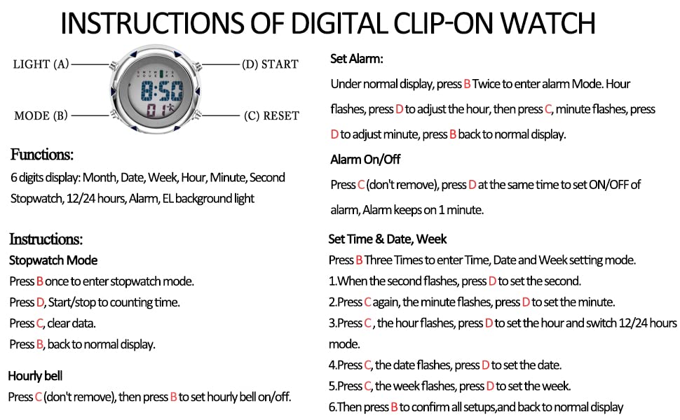 JEWELRYWE Carabiner Digital Pocket Black Watch, Display, Clip-on Watch, Keychain, Watch, Unisex,