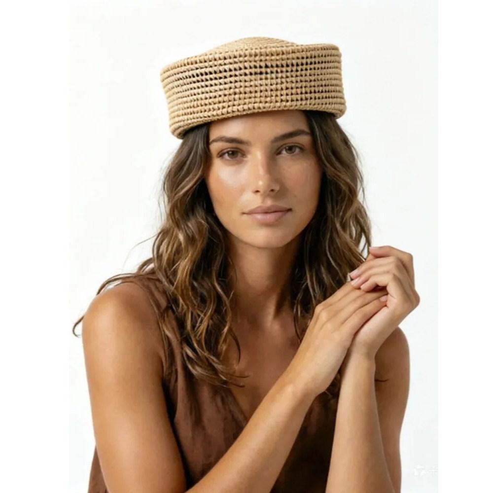 

USPOP Women Raffia Pillbox Hat Handwoven Hollow Out Round Top Beret British Vintage Elegant Summer Straw Cap M 56-58cm природний