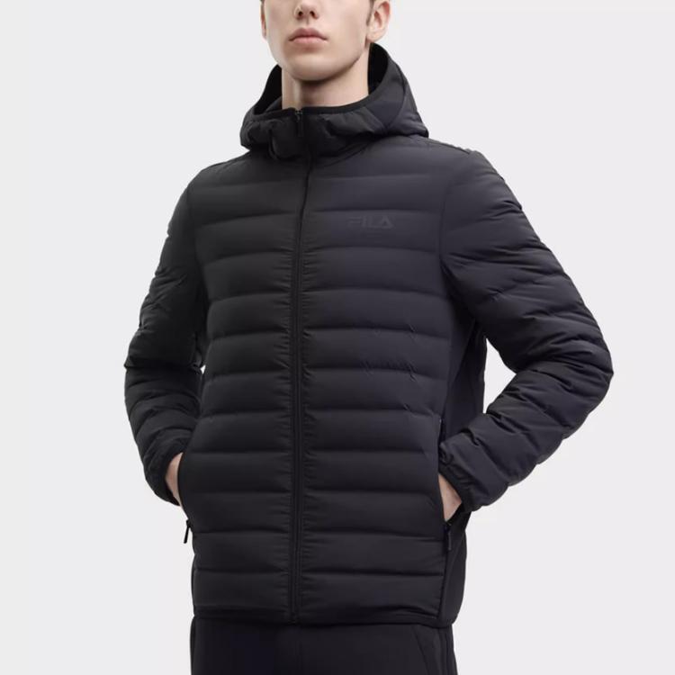 FILA Fleece Hooded Windproof Warm Sports Down Jacket Men Jacket Black F11M348911F-BK