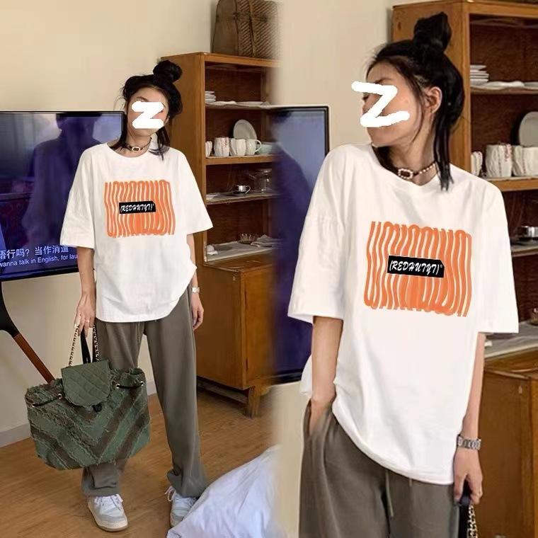 

Топ средней длины и длинный с короткими рукавами, хлопковая футболка с короткими рукавами, женская, 2025, новая летняя, свободная, большого размера, с принтом M белый