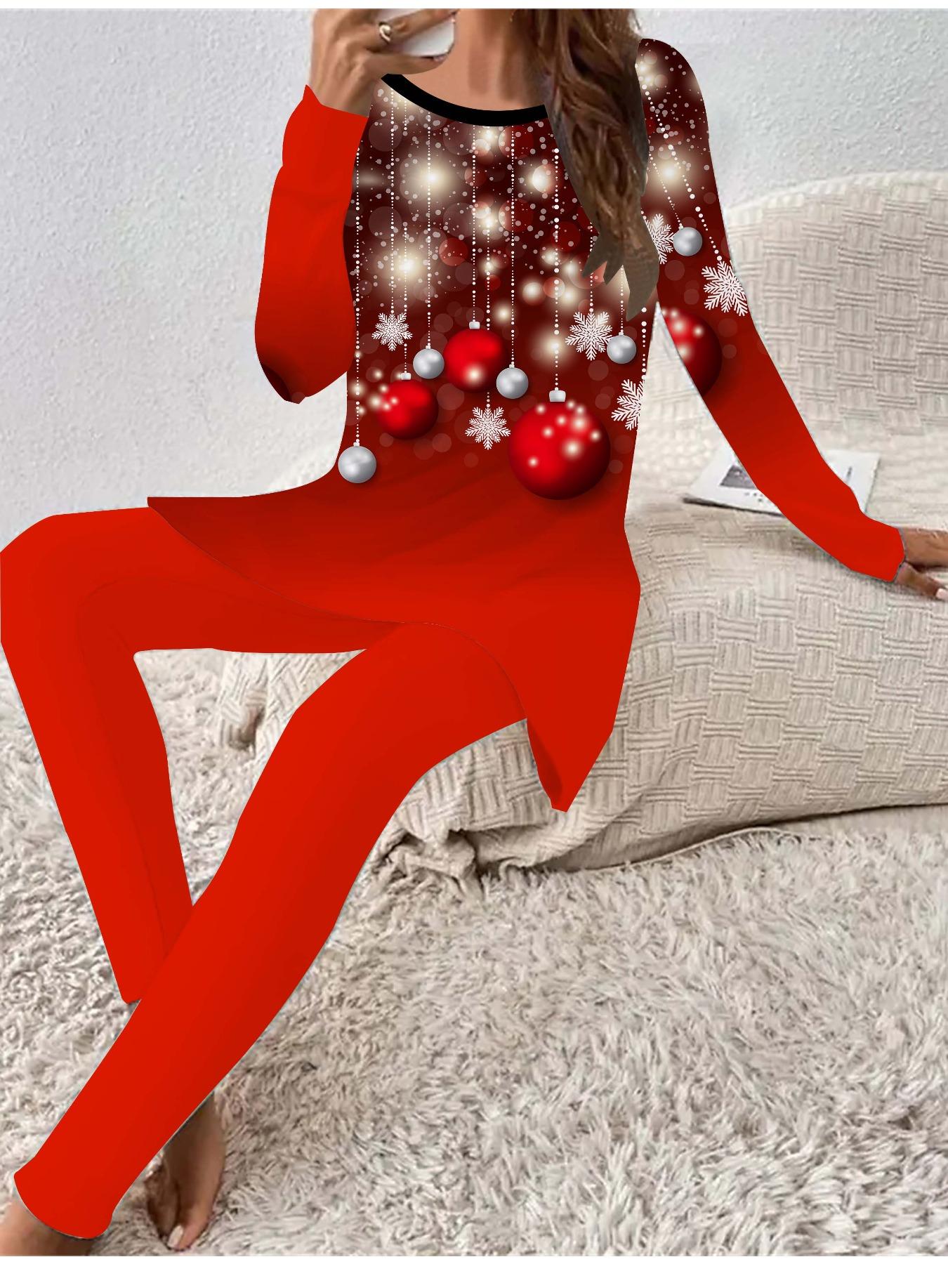 

Euro-American Fashion 3D Christmas Printed Women s Four-season Long-sleeved T-shirt + Long Pants Two-piece Set. Perfect Gift for New Year & Christmas 1XL