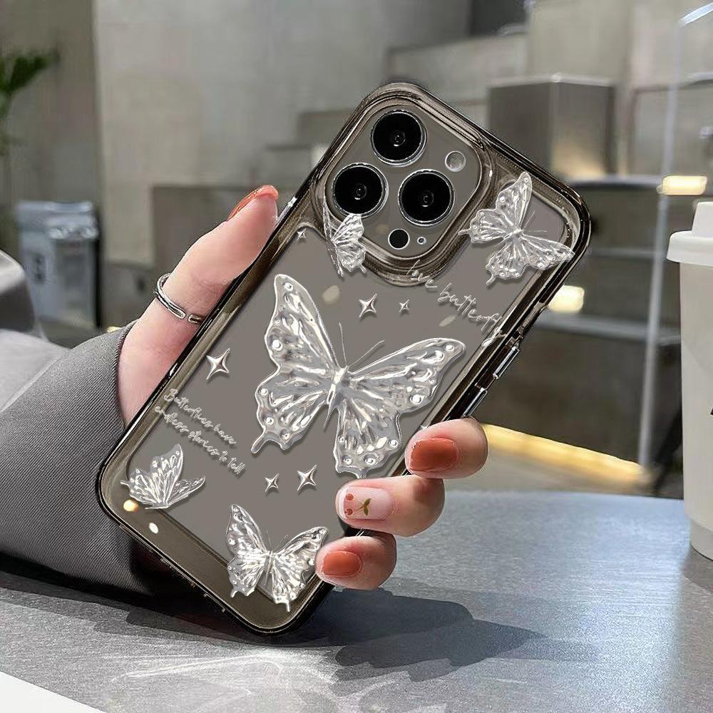 Silver butterfly for iPhone17 Pro space phone case Apple 16 transparent 15/14 advanced sense 13 fine holes