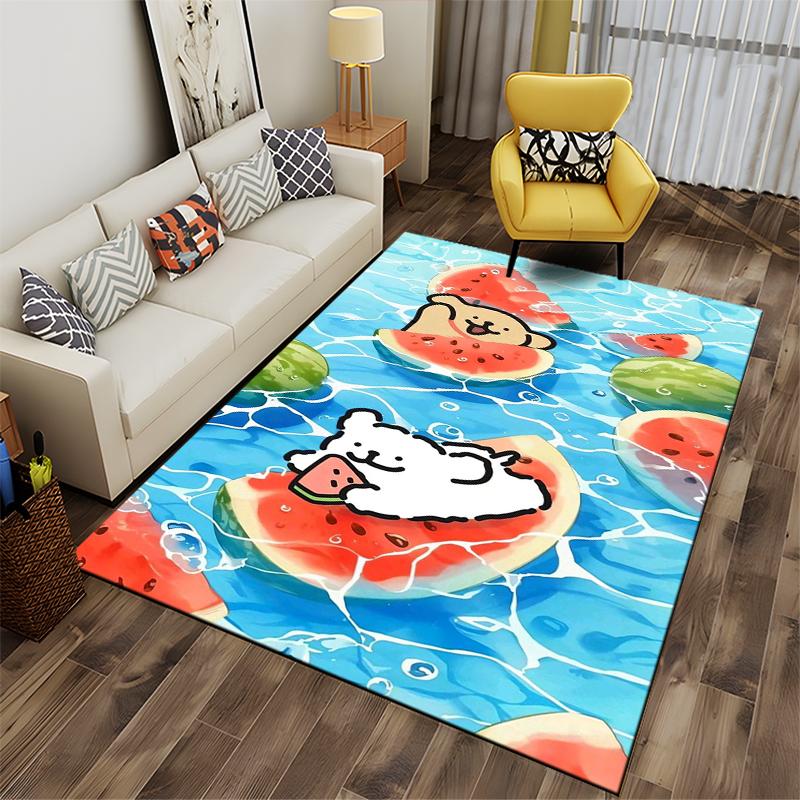 Cute Cartoon Animals On Watermelon Floating Carpet, Blue Background Suitable for Use As an Anti-slip for Living Room Bedroom Sofas