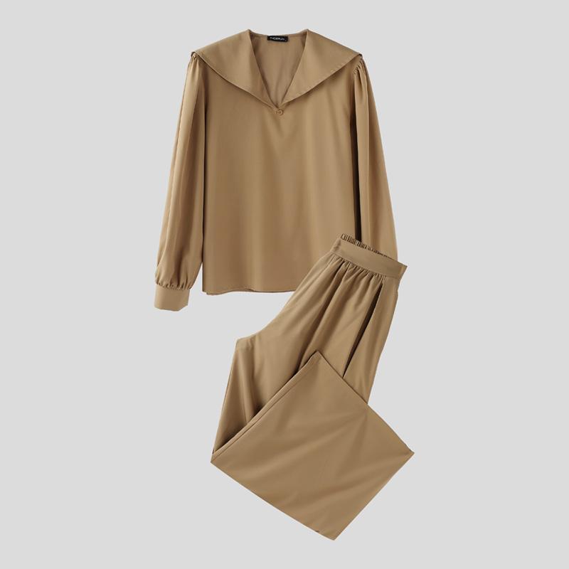 

INCERUN Мужские рубашки с матросским воротником с длинным рукавом и комплекты нарядов с длинными широкими брюками 4XL хаки