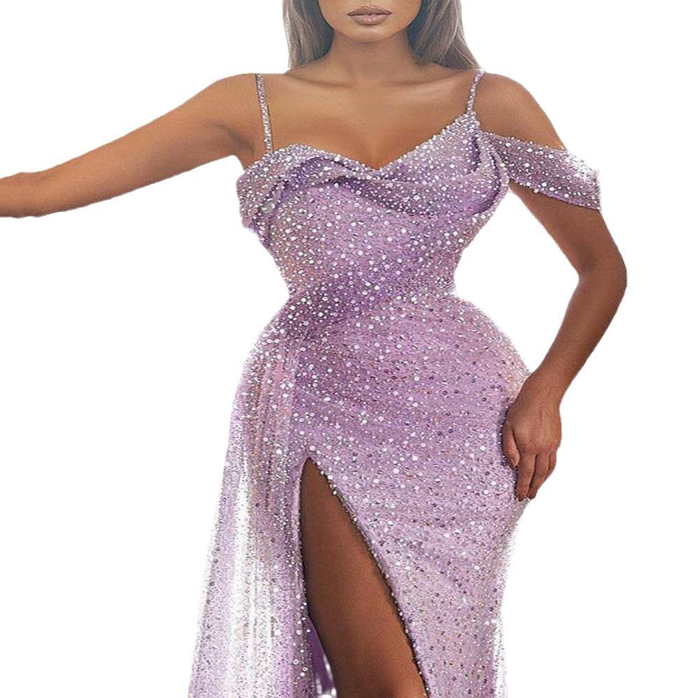 Robe de soirée à paillettes pour femme 2025: Jupe longue fendue irrégulière transfrontalière européenne et américaine avec bretelles