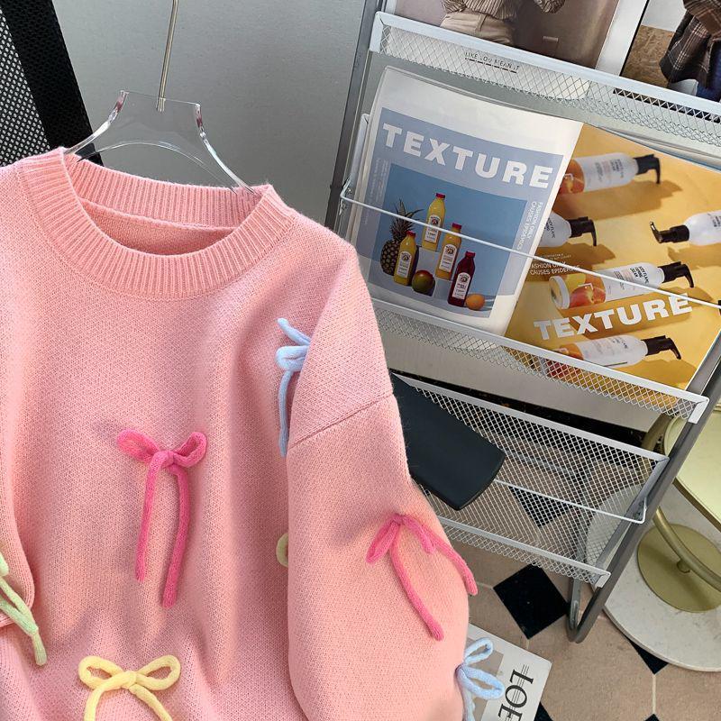 Women's 2024 Pink Bow Relaxed Sweater - New Autumn/Winter Loose Knit Top