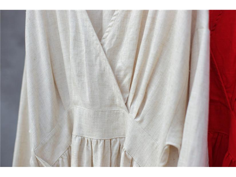 Women's Washed Bamboo Linen Chinese-Style Dress with Waist Seal, Available In 3 Colors