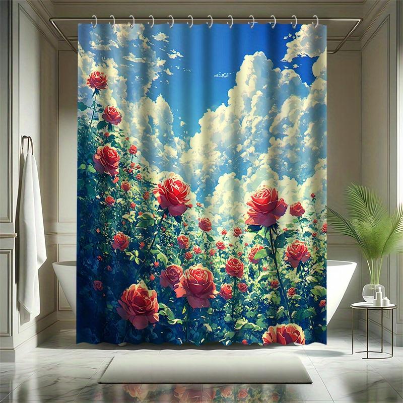Bright Flower Shower Curtain Set, Bright Stamen, Blue Sky & White Clouds, Bathtub Partition, Modern Bath Decor