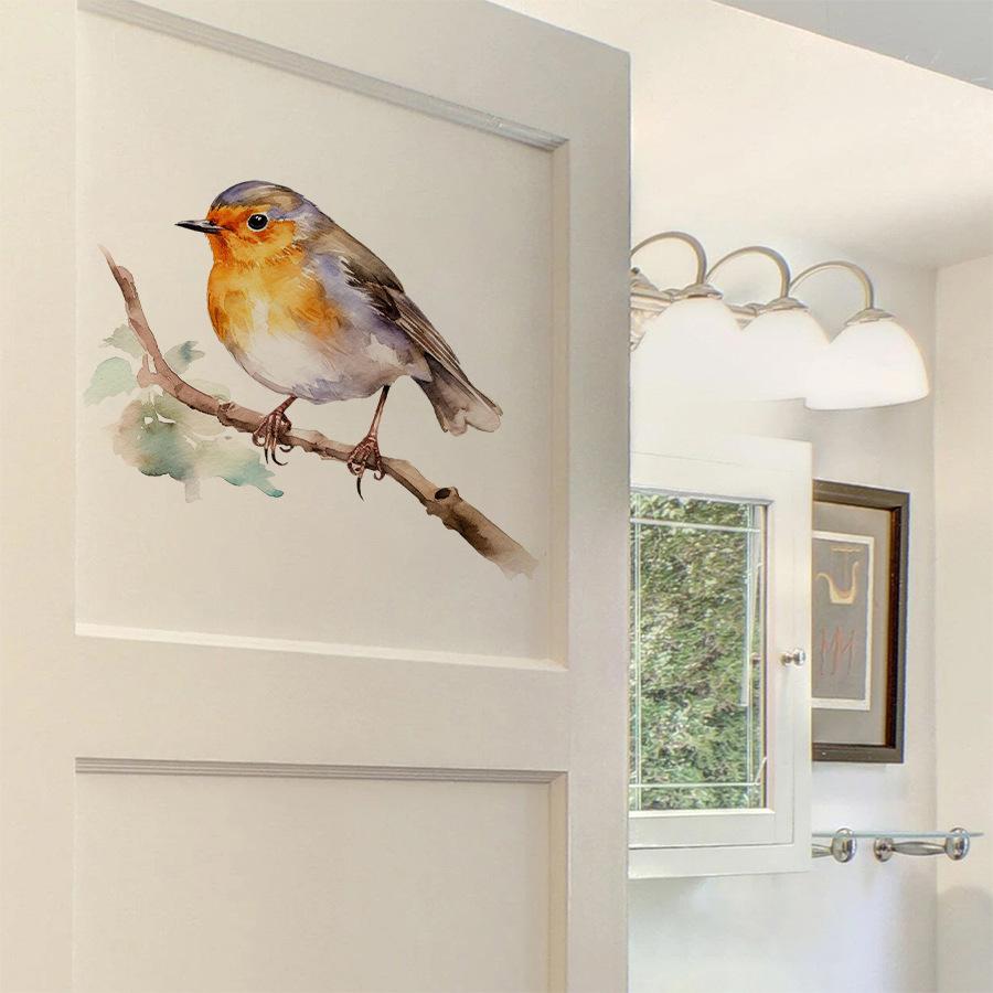 Watercolor Sparrow on Branch Window Stickers, Self-Adhesive Static Cling Decals for Bedroom Dorm Classroom Study Room Decoration