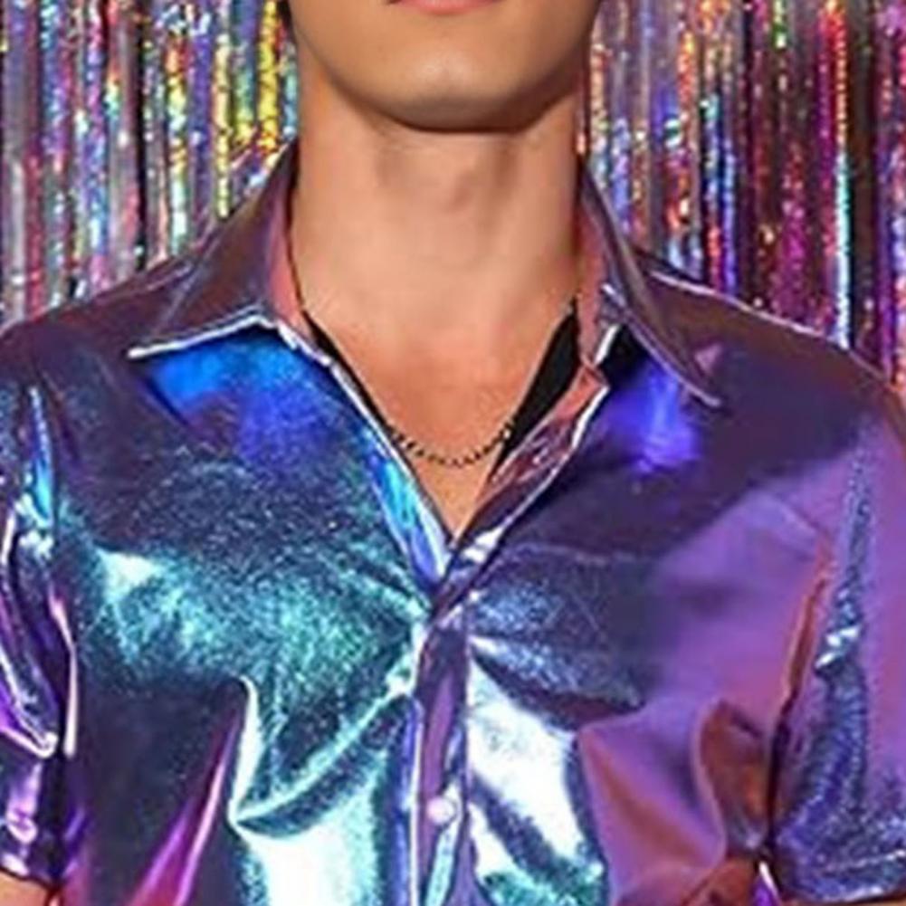 Men's Shiny Metallic Shirt Short Sleeve Lapel Shirt Sparkling Disco Outfit for Stage Performance Nightclub Dance Party Bar