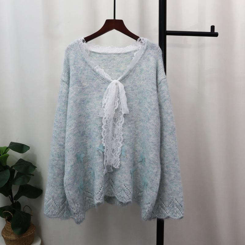 Spring New Splicing Lace Bow Design Sense Sequined Knitted Sweater Top Loose Sweater Pullover Women