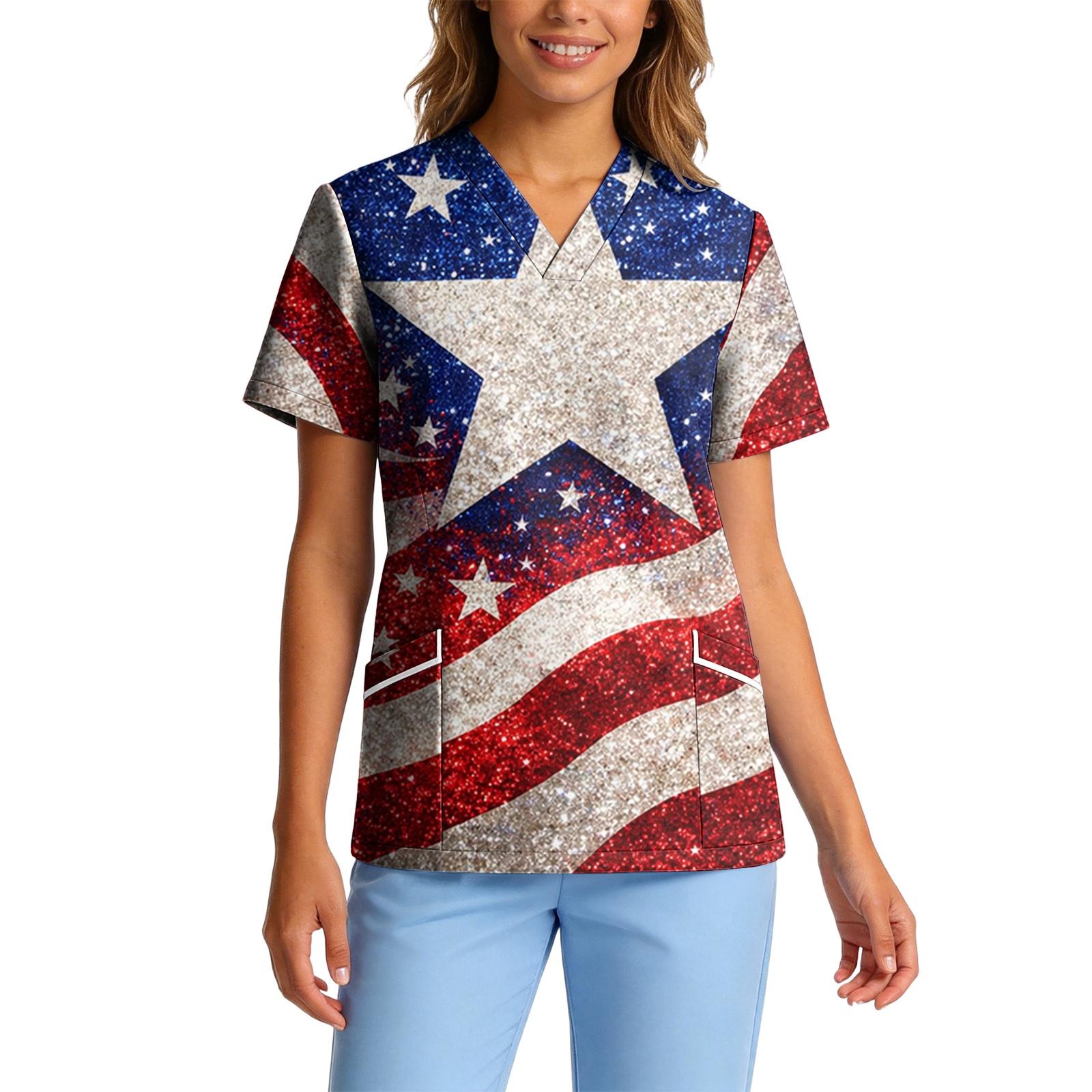 

Women s V-Neck Short Sleeve Work Top, Stretch Quick-Dry with Festive Print and Pockets L синій