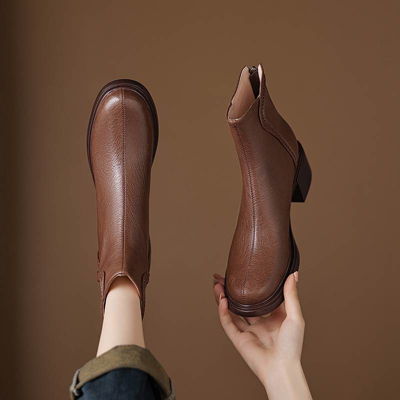 Krazing Pot Cow Skin Round Toe Thick Heels Chelsea Boots Size 42 Back Zip Women Keep Warm Ankle Boots