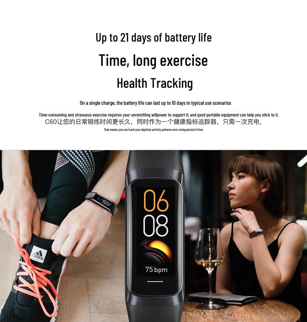 Smartwatch C60: Sport, krokomierz, tętno, ciśnienie krwi, temperatura ciała, tlen we krwi, ekran AMOLED HD, inteligentna bransoletka