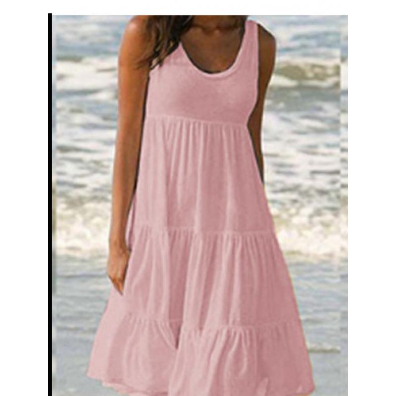 Women's Beach Dress: Sleeveless, Round Neck, Patchwork, Wide Hem, 7 Colors, 8 Sizes
