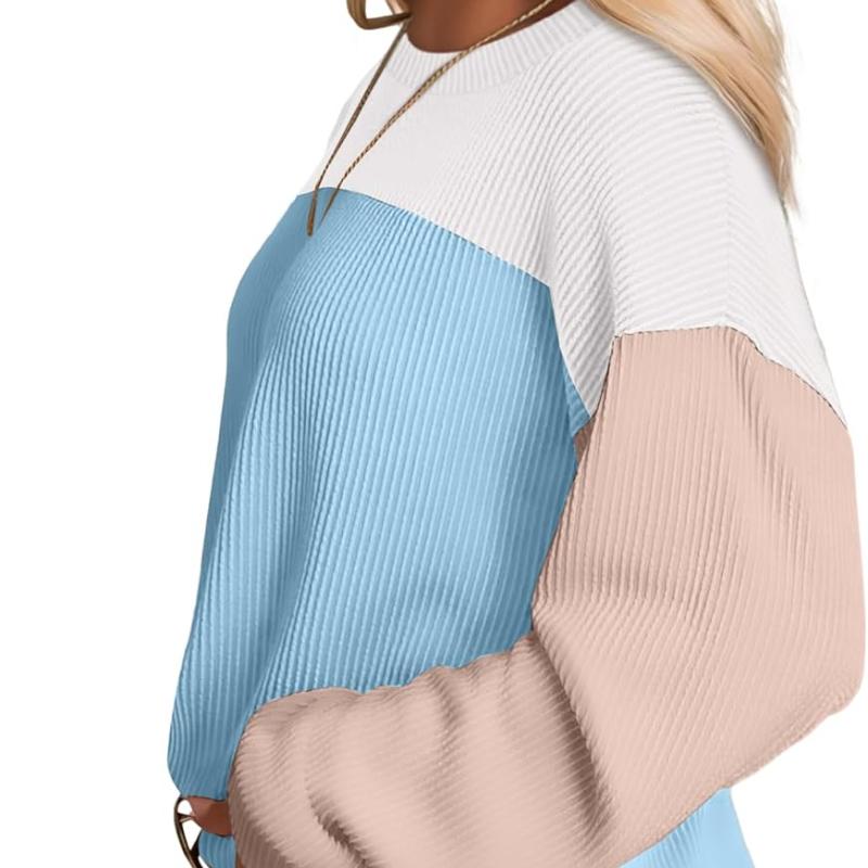 Women Fashion Color Block Long Sleeve O-neck Knitted Ribbed Casual Loose Pullovers