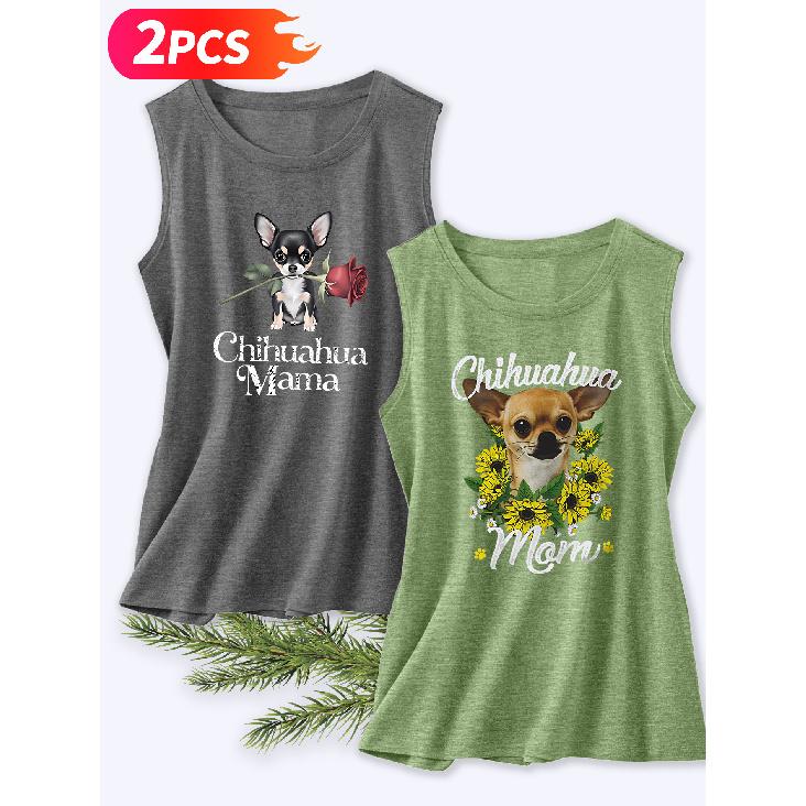 Follow a Specific Direction Two-piece Women's Vest Set Chihuahua Sunflower Rose Print Elegant Summer Party Outfits Sleeveless Vest Essential Fashion