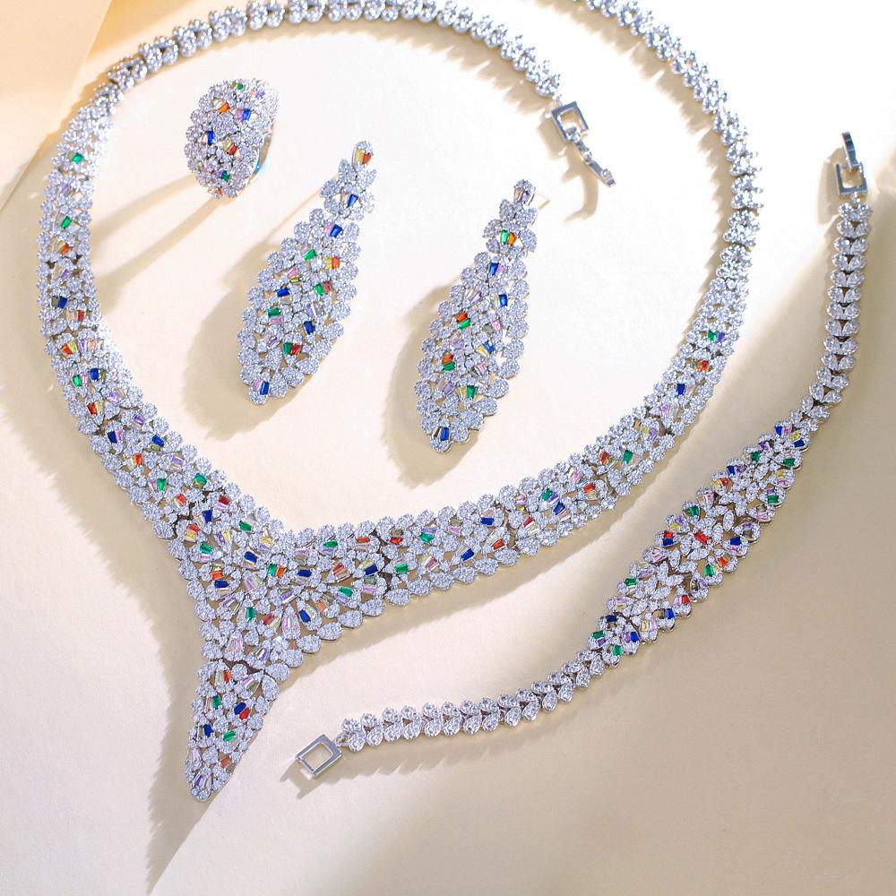 Saudi Bridal Jewelry Set Dress Accessories Zircon Necklace Earrings Bracelet Ring Four-Piece Chain Set