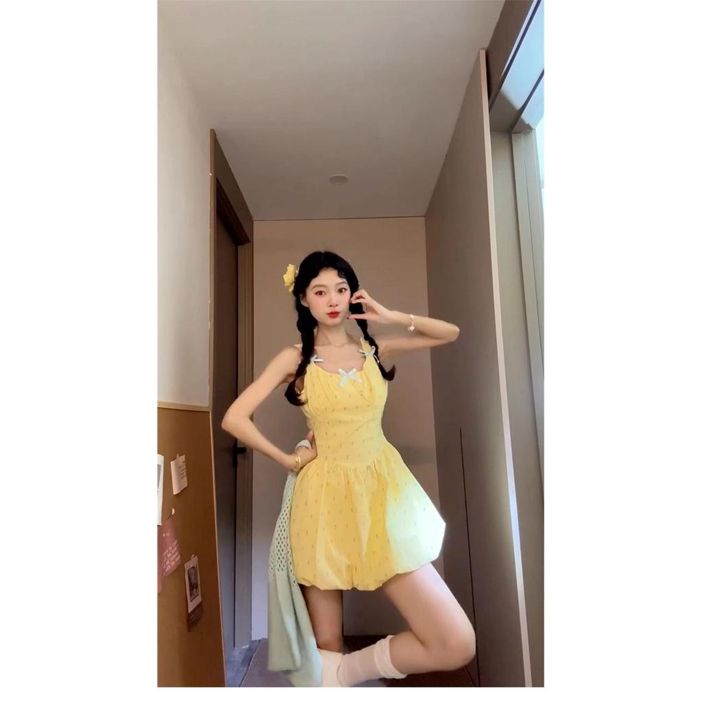 Dopamine Yellow Suspender Sleeveless Dress Women's Summer Sweet Small Waist Tutu Skirt Polka Dot Bud Skirt